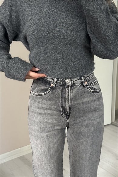 Kadın Yüksek Bel Vintage Yıkamalı Straight Gri Jean Pantolon