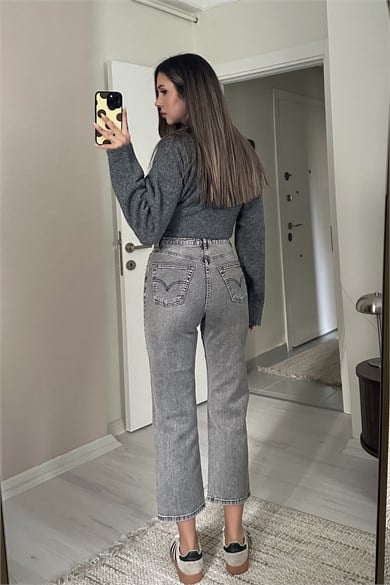 Kadın Yüksek Bel Vintage Yıkamalı Straight Gri Jean Pantolon