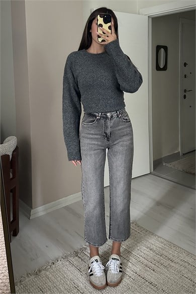 Kadın Yüksek Bel Vintage Yıkamalı Straight Gri Jean Pantolon
