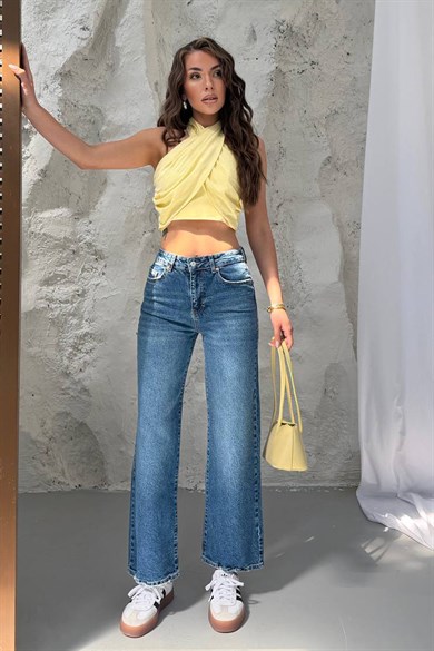 Kadın Yüksek Bel Wide Leg Cropped Jean