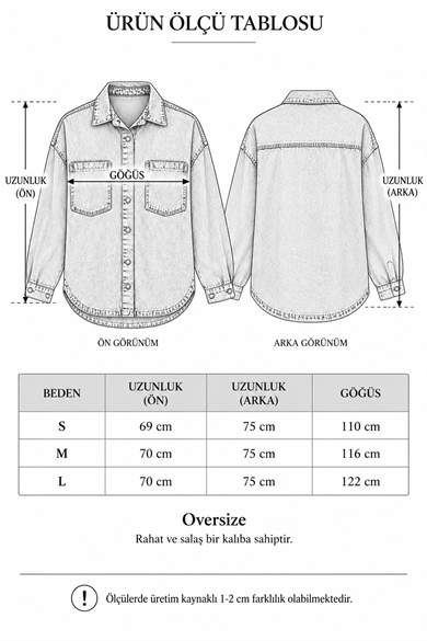 Kadın Açık Mavi Oversize Kot Ceket Gömlek – Çift Torba Cepli Metal Çıtçıtlı Denim Ceket