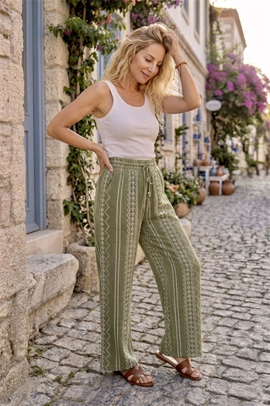 Kadın Bohem Desenli Bol Paça Pantolon