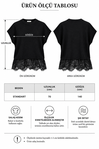 Kadın Dantel Detaylı Kısa Kollu Triko Bluz – Oversize Siyah