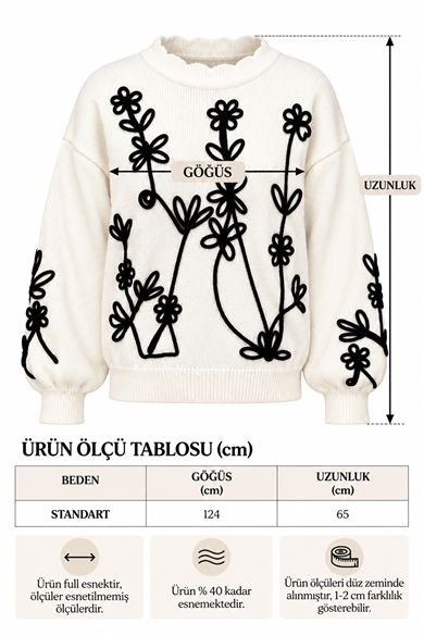Kadın Floral Kordon Nakış İşlemeli Balon Kol Özel Tasarım Triko Kazak - Bordo