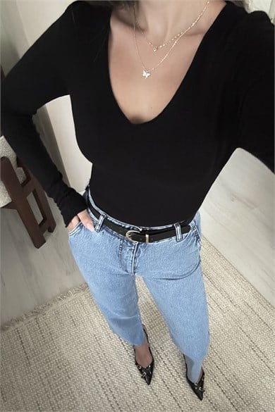Kadın Kemer Dahil Yüksek Bel Straight Leg Jean Pantolon - Açık Mavi