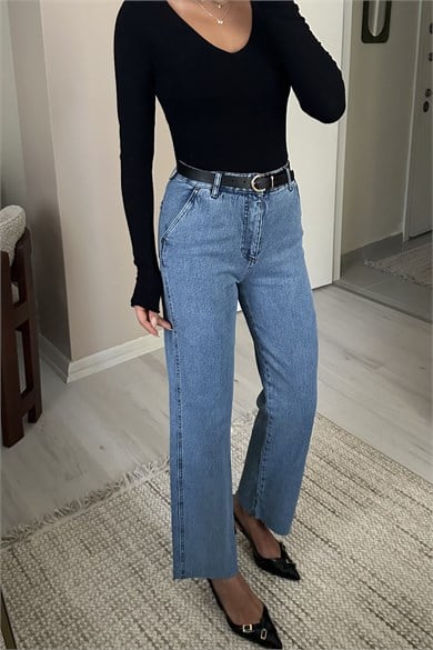 Kadın Kemer Dahil Yüksek Bel Straight Leg Jean Pantolon - Açık Mavi