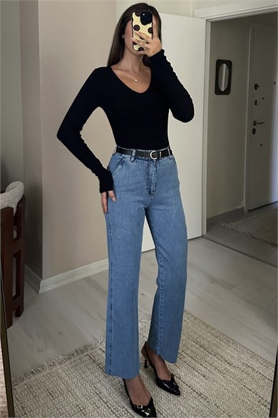 Kadın Kemer Dahil Yüksek Bel Straight Leg Jean Pantolon - Açık Mavi