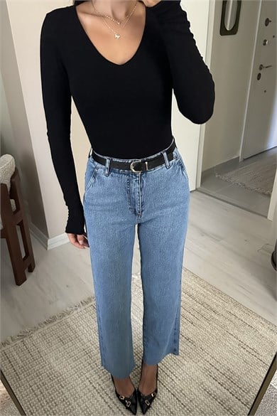 Kadın Kemer Dahil Yüksek Bel Straight Leg Jean Pantolon - Açık Mavi