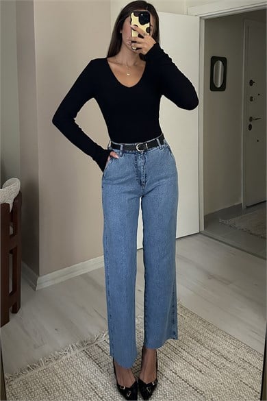 Kadın Kemer Dahil Yüksek Bel Straight Leg Jean Pantolon - Açık Mavi