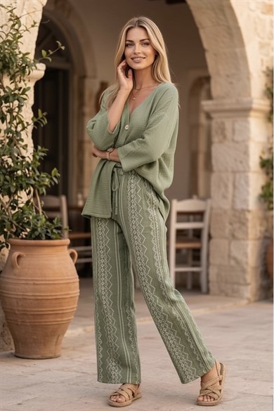 Kadın Müslin Kimono Pantolon Kombin %100 Pamuk