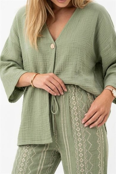 Kadın Müslin Kimono Pantolon Kombin %100 Pamuk