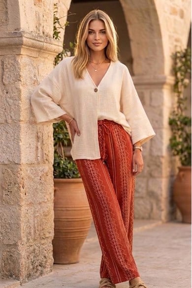 Kadın Müslin Kimono Pantolon Kombin %100 Pamuk