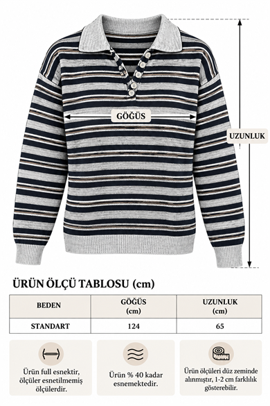 Kadın Polo Yaka Düğme Detaylı Çizgili Premium Yumoş Triko Kazak - Haki Çizgi