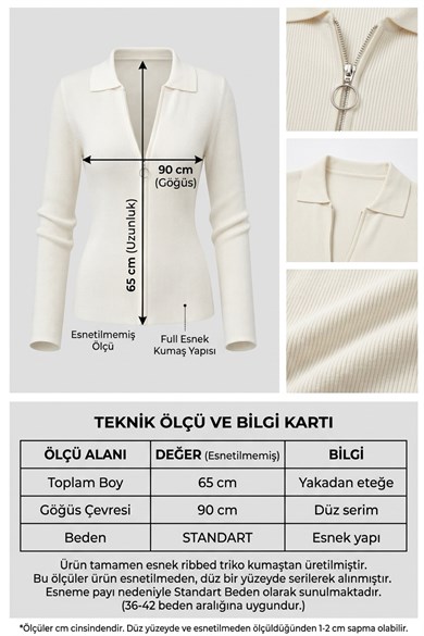 Kadın Polo Yaka Fermuarlı Triko Hırka – Fitilli Çelik Örgü Esnek - Beyaz