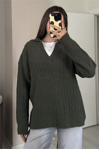 Kadın Polo Yaka Saç Örgü Desenli Oversize Yumoş Triko Kazak - Haki