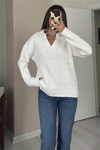 Kadın Polo Yaka Saç Örgü Desenli Oversize Yumoş Triko Kazak - Ekru