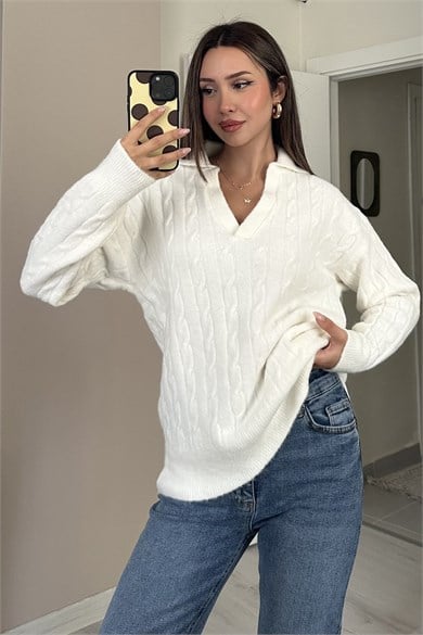 Kadın Polo Yaka Saç Örgü Desenli Oversize Yumoş Triko Kazak - Ekru