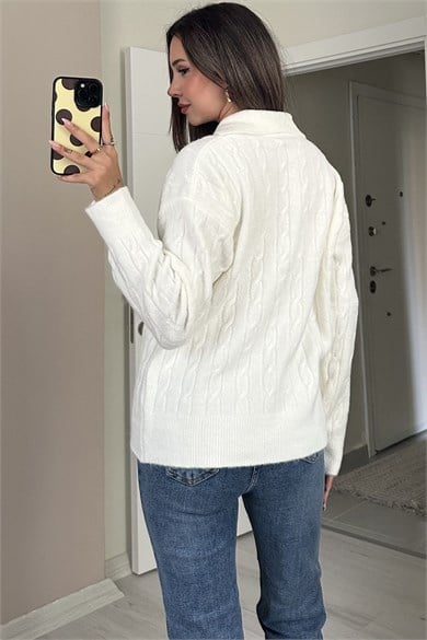 Kadın Polo Yaka Saç Örgü Desenli Oversize Yumoş Triko Kazak - Ekru