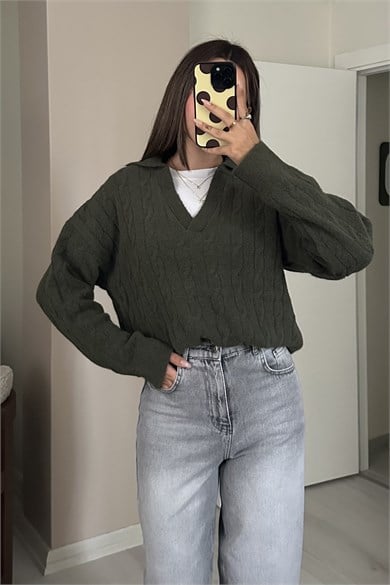 Kadın Polo Yaka Saç Örgü Desenli Oversize Yumoş Triko Kazak - Haki