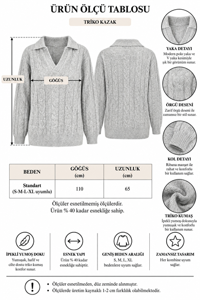 Kadın Polo Yaka Saç Örgü Desenli Oversize Yumoş Triko Kazak - Haki