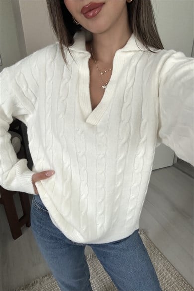Kadın Polo Yaka Saç Örgü Desenli Oversize Yumoş Triko Kazak - Ekru