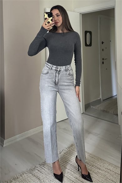 Kadın Yüksek Bel Kalçayı Toparlayan Straight Leg Jean - Gri