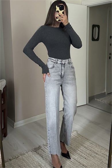 Kadın Yüksek Bel Kalçayı Toparlayan Straight Leg Jean - Gri