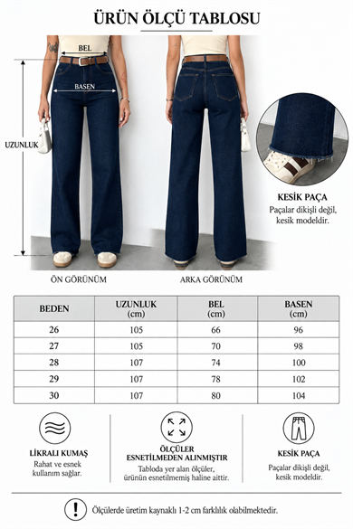 Kadın Yüksek Bel Kemerli Likralı Wide Leg Jean Pantolon – Lacivert