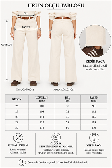 Kadın Yüksek Bel Kemerli Likralı Wide Leg Jean Pantolon – Bej