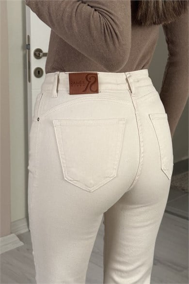 Kadın Yüksek Bel Likralı Push Up Straight Jean Pantolon - Bej 