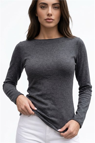 Kadın Kayık Yaka Angora Dokulu İnce Triko Bluz – Yumuşak Fit Kesim Kazak - Gri