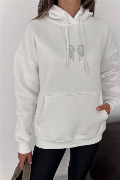 Kadın Melek Kanadı Taş Tasarımlı Kapüşonlu Kanguru Cepli Üç İplik Şardonlu Sweatshirt - Beyaz