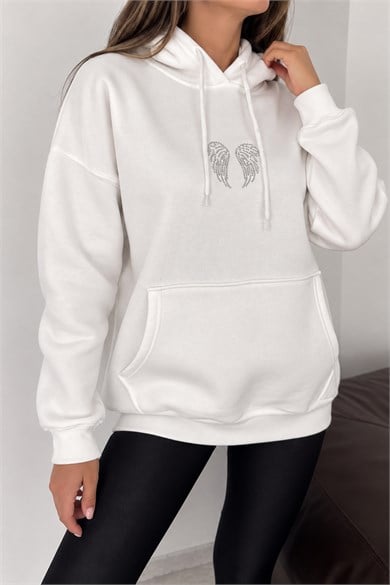 Kadın Melek Kanadı Taş Tasarımlı Kapüşonlu Kanguru Cepli Üç İplik Şardonlu Sweatshirt - Beyaz