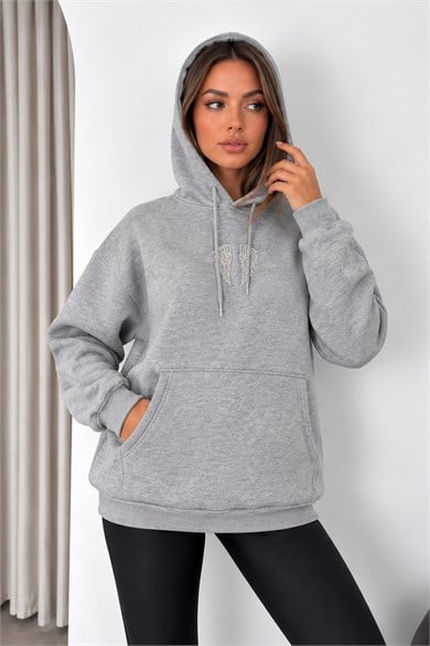 Kadın Melek Kanadı Taş Tasarımlı Kapüşonlu Kanguru Cepli Üç İplik Şardonlu Sweatshirt