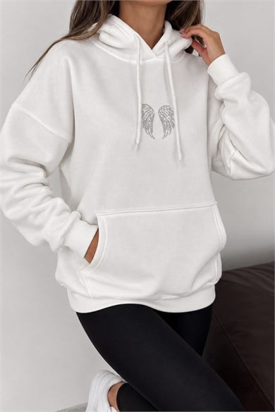 Kadın Melek Kanadı Taş Tasarımlı Kapüşonlu Kanguru Cepli Üç İplik Şardonlu Sweatshirt - Beyaz