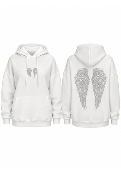Kadın Melek Kanadı Taş Tasarımlı Kapüşonlu Kanguru Cepli Üç İplik Şardonlu Sweatshirt - Beyaz