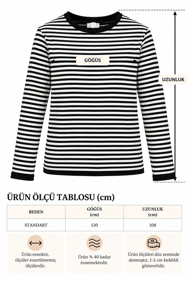 Kadın Premium Merserize Çelik Örgü Marin Çizgili Kontrast Bisiklet Yaka Kazak - Siyah Beyaz