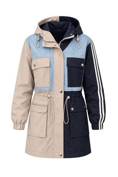 Monaco Denim Detaylı Kapüşonlu Trenç Ceket