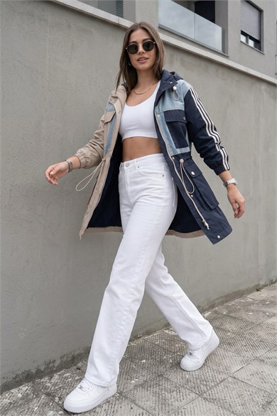 Monaco Denim Detaylı Kapüşonlu Trenç Ceket