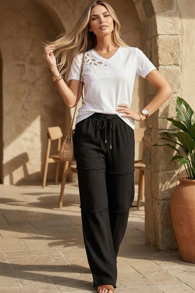 Kadın Nakışlı Tişörtlü Müslin Pantolon Alaçatı KombinNakışlı Tişörtlü Müslin Pantolon Alaçatı Kombin %100 Pamuk Yazlık Kadın TakımHAZIR KOMBİNLERİSTANGÜL BUTİK