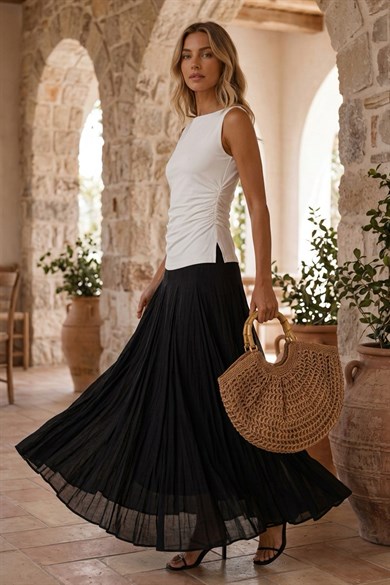 Noir Flow Dış Dikiş Detaylı Midi Etek