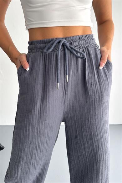 Pamuklu Müslin Kumaş Paça Püskül Bol Paça Pantolon