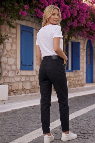 Kadın Yüksek Bel Full Likralı Rahat Kalıp Battal Boyfitt  Siyah Jean