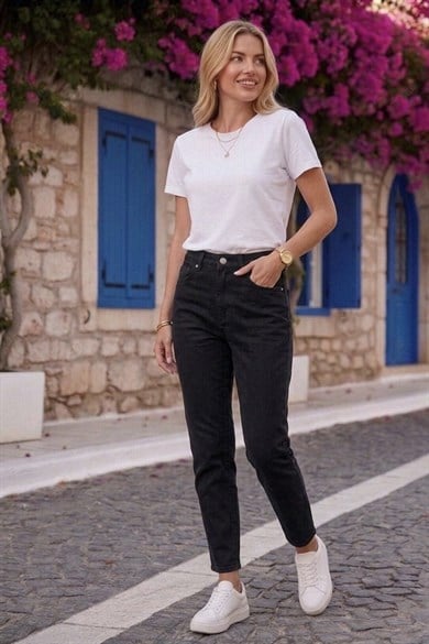 Kadın Yüksek Bel Full Likralı Rahat Kalıp Battal Boyfitt  Siyah Jean