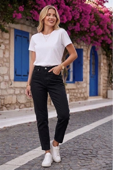 Kadın Yüksek Bel Full Likralı Rahat Kalıp Battal Boyfitt  Siyah Jean
