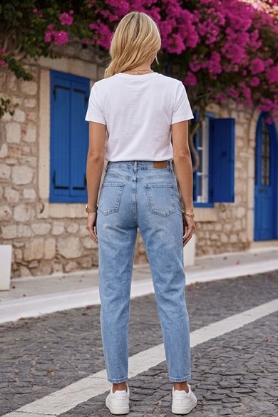Kadın Yüksek Bel Likralı Rahat Kalıp Battal Boyfitt Jean