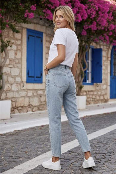 Kadın Yüksek Bel Likralı Rahat Kalıp Battal Boyfitt Jean