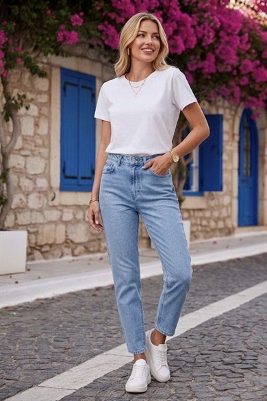 Kadın Yüksek Bel Likralı Rahat Kalıp Battal Boyfitt Jean