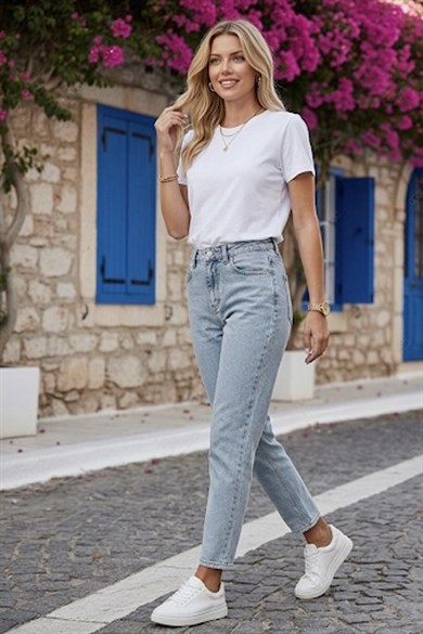 Kadın Yüksek Bel Likralı Rahat Kalıp Battal Boyfitt Jean