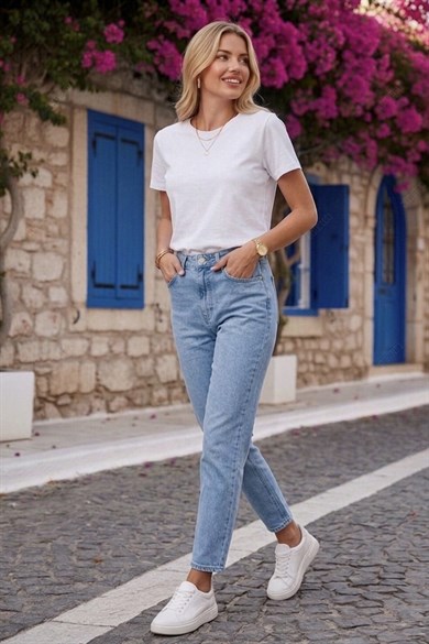 Kadın Yüksek Bel Likralı Rahat Kalıp Battal Boyfitt Jean